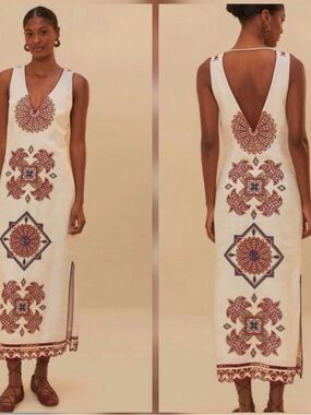 FARM Rio Cream Midi Dress with Rust and Navy Embroidery